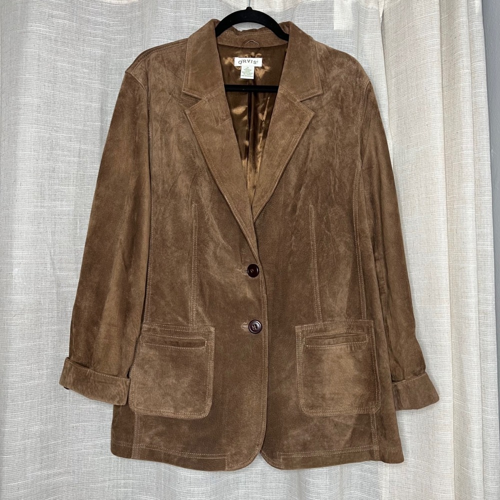 Orvis Suede Leather Sportcoat Blazer Jacket Wooden Buttons Brown Mens Size 20 XL